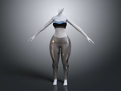 Stylish Women's Black Crop Top With Silver Metallic Leggings Fashion Outfit 3d model