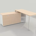 Modern Office Desk With Light Wooden Top Drawers And White Storage Cabinets