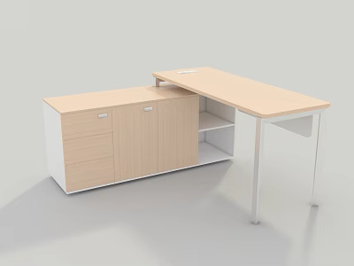 Modern Office Desk With Light Wooden Top Drawers And White Storage Cabinets 3d model