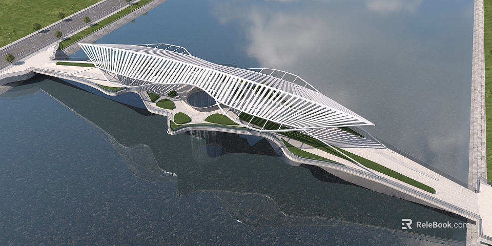 Modern Sleek Bridge With Unique Curved Structure Over Water And Green Landscaped Areas 3d model 