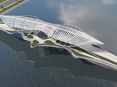 Modern Sleek Bridge With Unique Curved Structure Over Water And Green Landscaped Areas 3d model