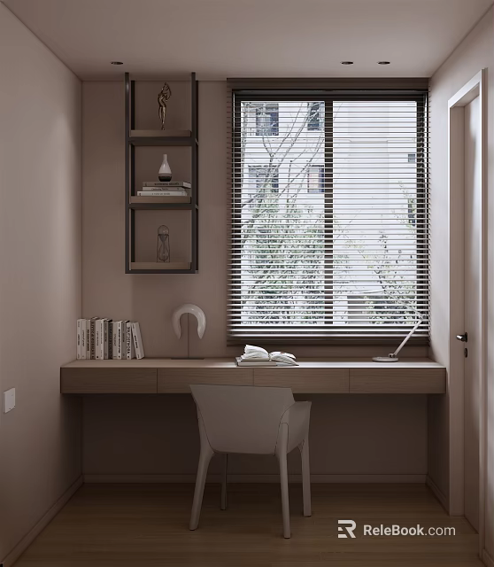 Cozy Tatami Bedroom Interior With Wooden Desk White Chair Wall Shelf Books And Window Blinds 3d model 