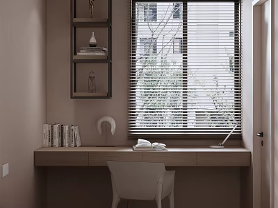 Cozy Tatami Bedroom Interior With Wooden Desk White Chair Wall Shelf Books And Window Blinds 3d model