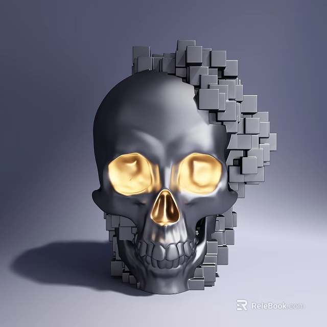 Modern Artistic Decorative Ornament Set With Silver Skull Gray Cubes And Golden Eyes 3d model 