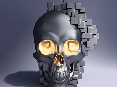 Modern Artistic Decorative Ornament Set With Silver Skull Gray Cubes And Golden Eyes 3d model