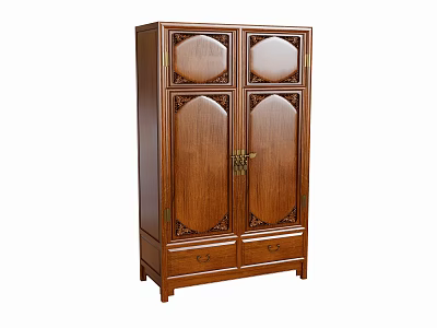 Classic Wooden Wardrobe with Carved Patterns Double Doors Brass Hardware and Drawers 3d model