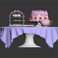 Delicious Strawberry Cake With Tiered Dessert Stand And Pink Teapot On Purple Tablecloth