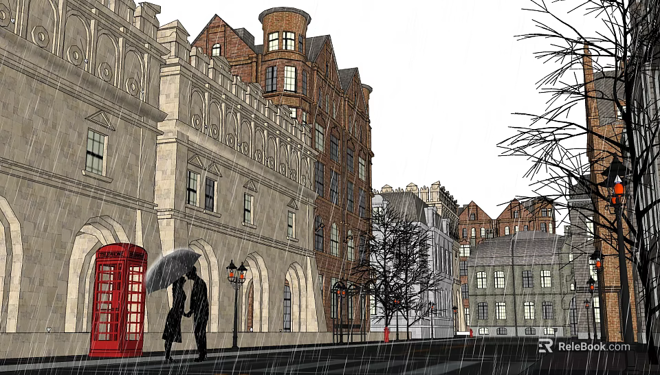 Historic Commercial Street Scene On Rainy Day With Red Telephone Booth And Pedestrians 3d model 