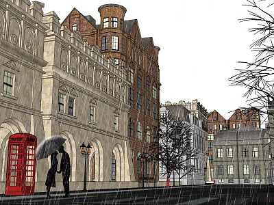 Historic Commercial Street Scene On Rainy Day With Red Telephone Booth And Pedestrians 3d model