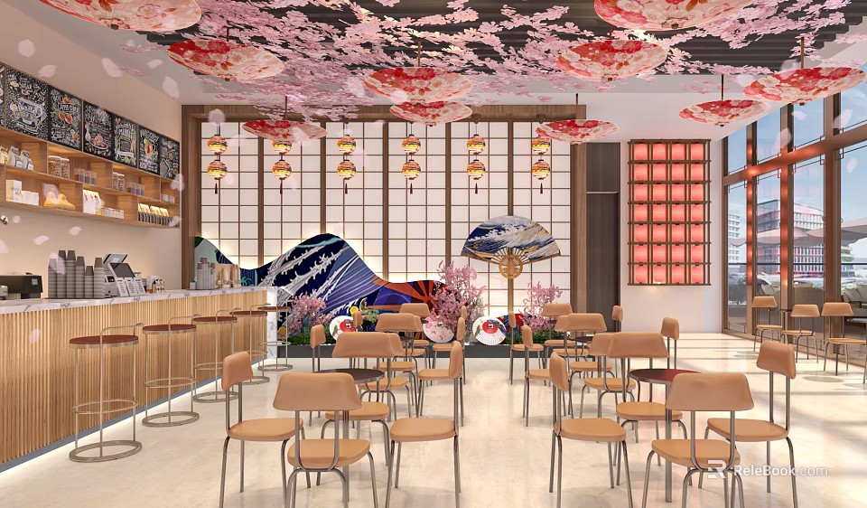 Japanese Style Café Interior With Cherry Blossom Ceiling Decor And Hanging Lanterns 3d model 