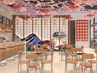 Japanese Style Café Interior With Cherry Blossom Ceiling Decor And Hanging Lanterns 3d model
