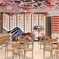 Japanese Style Café Interior With Cherry Blossom Ceiling Decor And Hanging Lanterns