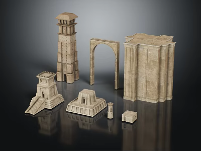 Ancient Stone Architectural Models Featuring Tower Arch Column And Pedestal 3d model
