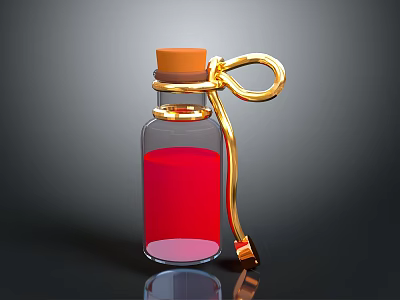 Decorative Glass Bottle With Red Liquid Golden Ring Hook And Orange Cork 3d model
