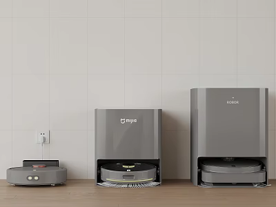 Three Different Robot Vacuum Cleaners With Charging Docks On Wooden Floor 3d model