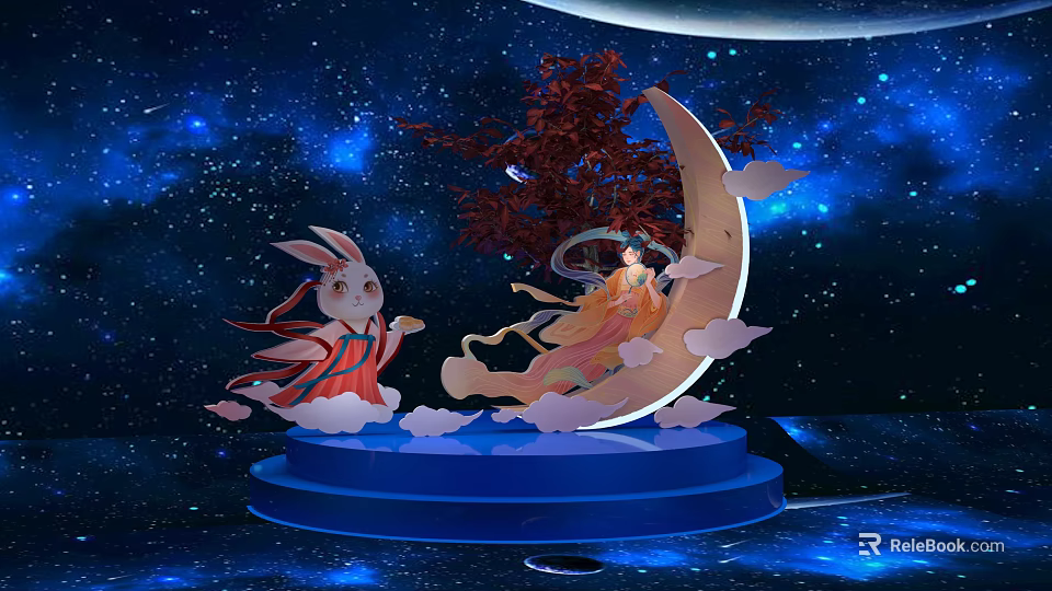 Starry Sky Moon Themed Photo Spot With Rabbit Fairy Red Tree And Blue Platform 3d model 