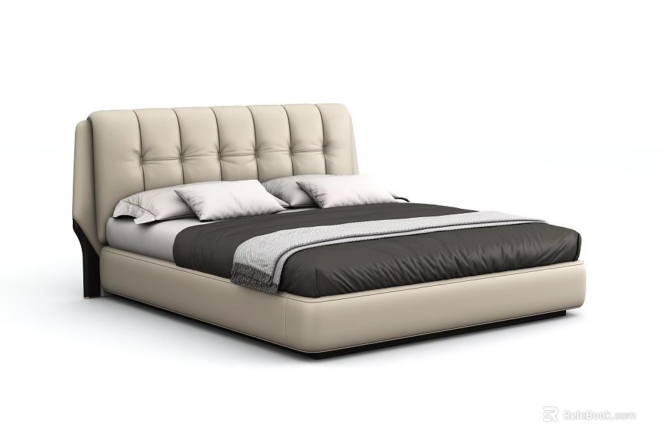 Modern Double Bed with Beige Tufted Headboard Black Mattress White Pillows And Gray Blanket 3d model 