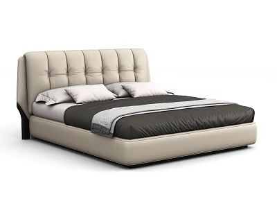 Modern Double Bed with Beige Tufted Headboard Black Mattress White Pillows And Gray Blanket 3d model
