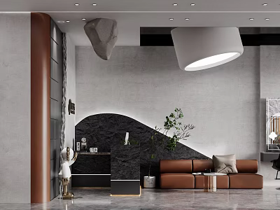 Modern Beauty Hair Salon Interior With Brown Sofa Green Plants And Lighting Fixtures 3d model