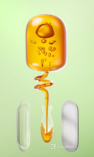 Yellow Syrup Spiral Dripping From Glass Container On Light Green Background With White Biscuits 3d model 