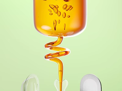 Yellow Syrup Spiral Dripping From Glass Container On Light Green Background With White Biscuits 3d model