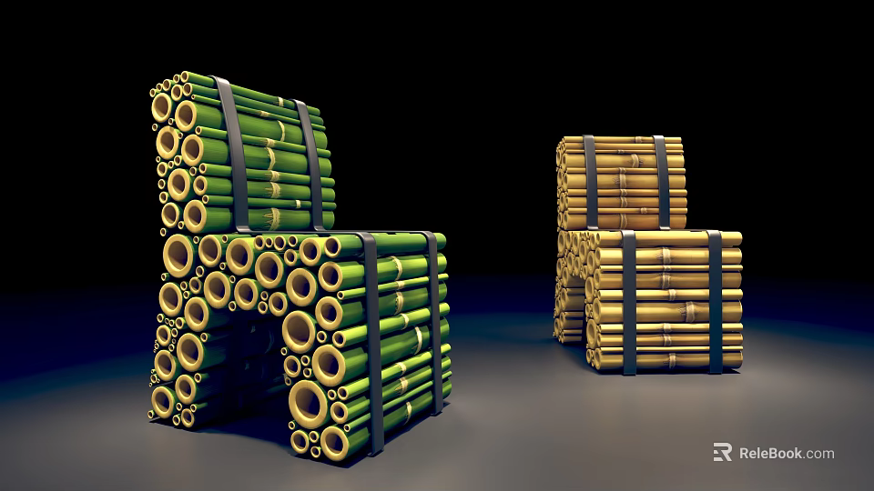 Bamboo Tube Stacked Single Chair with Green and Yellow Bundled Structure 3d model 