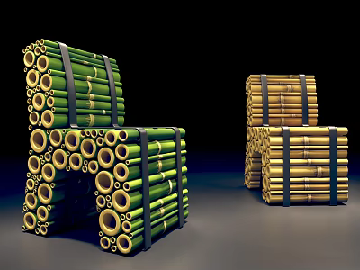 Bamboo Tube Stacked Single Chair with Green and Yellow Bundled Structure 3d model