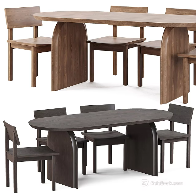 Modern Wooden Dining Table And Chairs Set With Walnut Finish And Minimalist Design 3d model 