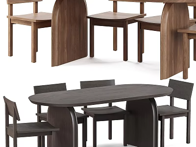 Modern Wooden Dining Table And Chairs Set With Walnut Finish And Minimalist Design 3d model