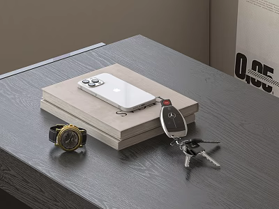 Modern Decorative Ornament Set with Mobile Phone on Stacked Books Watch Keys on Table 3d model
