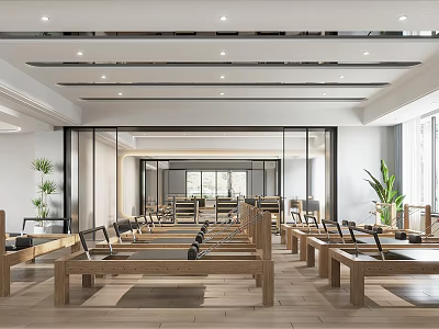 Modern Minimalist Fitness Studio With Spacious Indoor Space Neatly Arranged Wooden Equipment And Bright Lighting 3d model