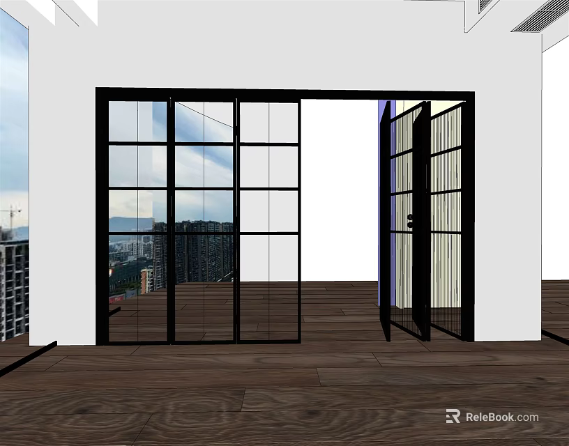 Glass Folding Doors with Black Frame Modern Interior Wooden Floor City View Balcony Access 3d model 