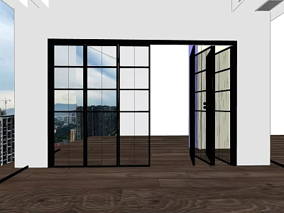 Glass Folding Doors with Black Frame Modern Interior Wooden Floor City View Balcony Access 3d model