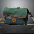 Green Canvas Crossbody Bag With Brown Accents Orange Crest And Plaid Design