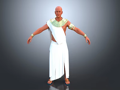 Ancient Egyptian Themed Character Wearing White Robe With Gold Green Decorative Neckpiece And Arm Bands 3d model