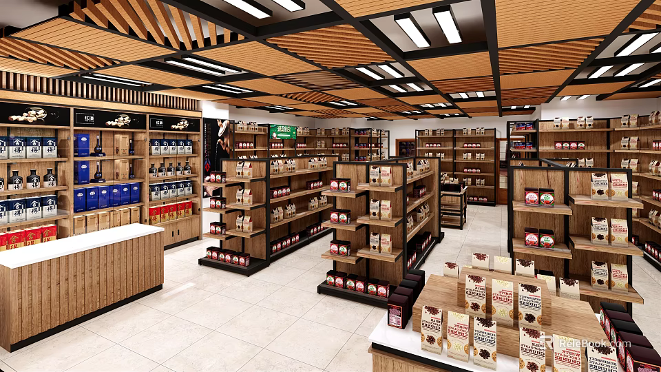 Bright Supermarket Retail Space With Neatly Arranged Shelves Holding Various Grocery And Household Products 3d model 