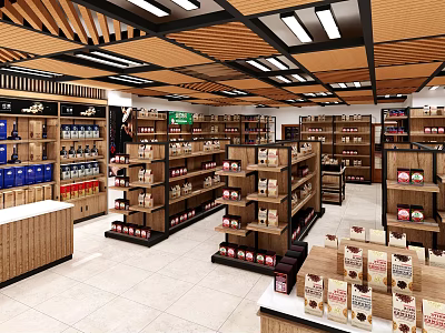 Bright Supermarket Retail Space With Neatly Arranged Shelves Holding Various Grocery And Household Products 3d model
