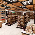 Bright Supermarket Retail Space With Neatly Arranged Shelves Holding Various Grocery And Household Products