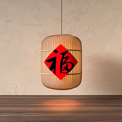 Hanging Bamboo Lantern With Red Fu Character In Home Interior 3d model