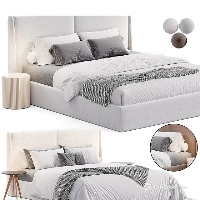 Modern Double Bed With Upholstered Headboard Gray White Pillows And Striped Blanket 3d model 