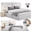 Modern Double Bed With Upholstered Headboard Gray White Pillows And Striped Blanket