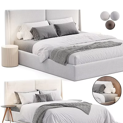 Modern Double Bed With Upholstered Headboard Gray White Pillows And Striped Blanket 3d model