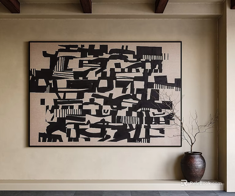 Black And White Abstract Painting On Wall With Ceramic Vase And Twigs 3d model 