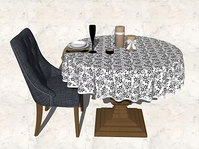Round Dining Table Set with Black White Floral Tablecloth Gray Upholstered Chair and Wooden Legs 3d model