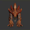 Red Spiked Monster Creature Model With Horned Head And Orange Textured Body