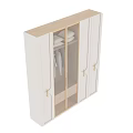 Modern Light Colored Wardrobe Interior With Hanging Clothes Storage Shelves And Metal Handles