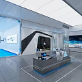 Modern Tech Exhibition Hall With Digital Screens Display Racks And Workstations 3d model