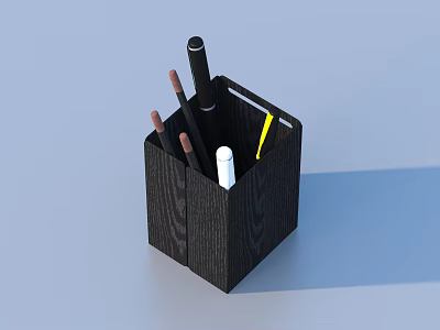 Stylish Black Square Wooden Texture Pen Holder With Various Colored Pens And Stationery 3d model