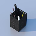 Stylish Black Square Wooden Texture Pen Holder With Various Colored Pens And Stationery