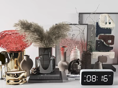 Modern Decorative Ornament Set With Ceramic Vases Pampas Grass And Geometric Accents 3d model